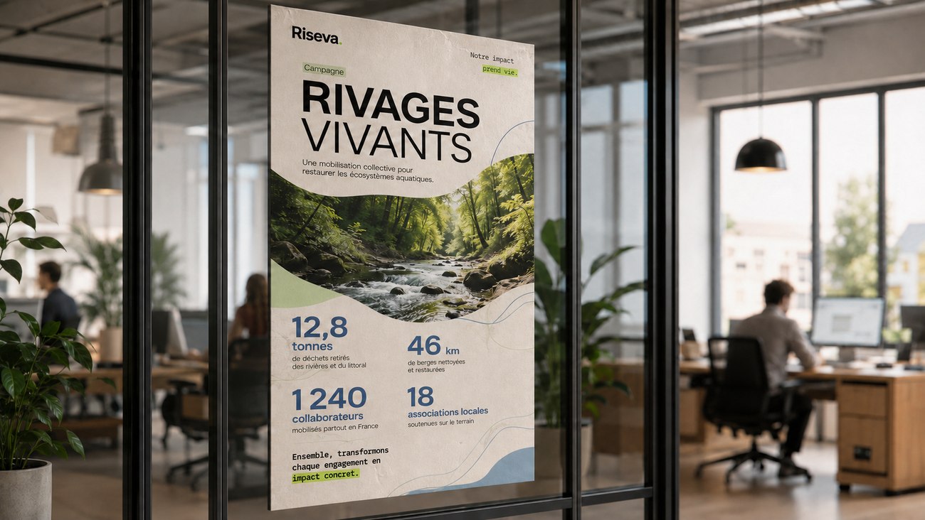 Une affiche Riseva posée dans des bureaux